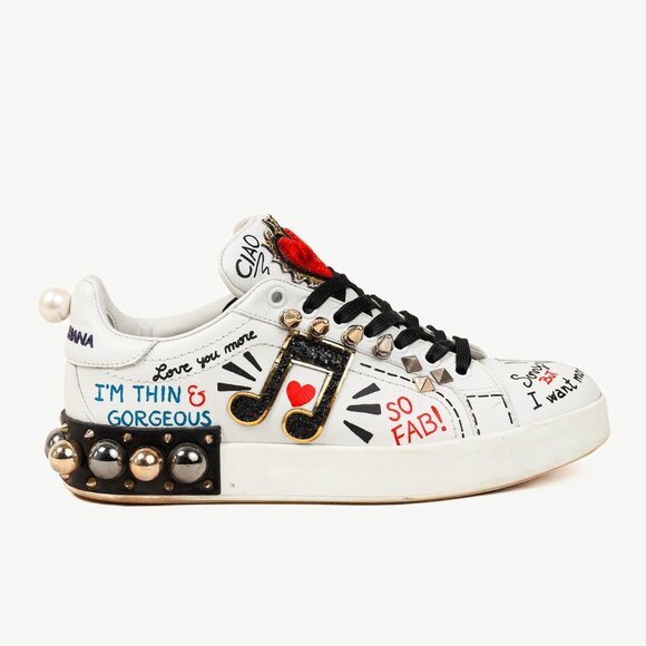 Dolce & Gabbana White Leather Musical Note Patch Sneakers - Picture 1 of 13